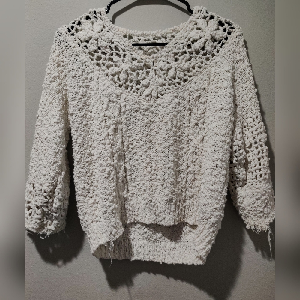 SOLD Handknit Hand Crocheted Crop Floral Sweater Small Medium